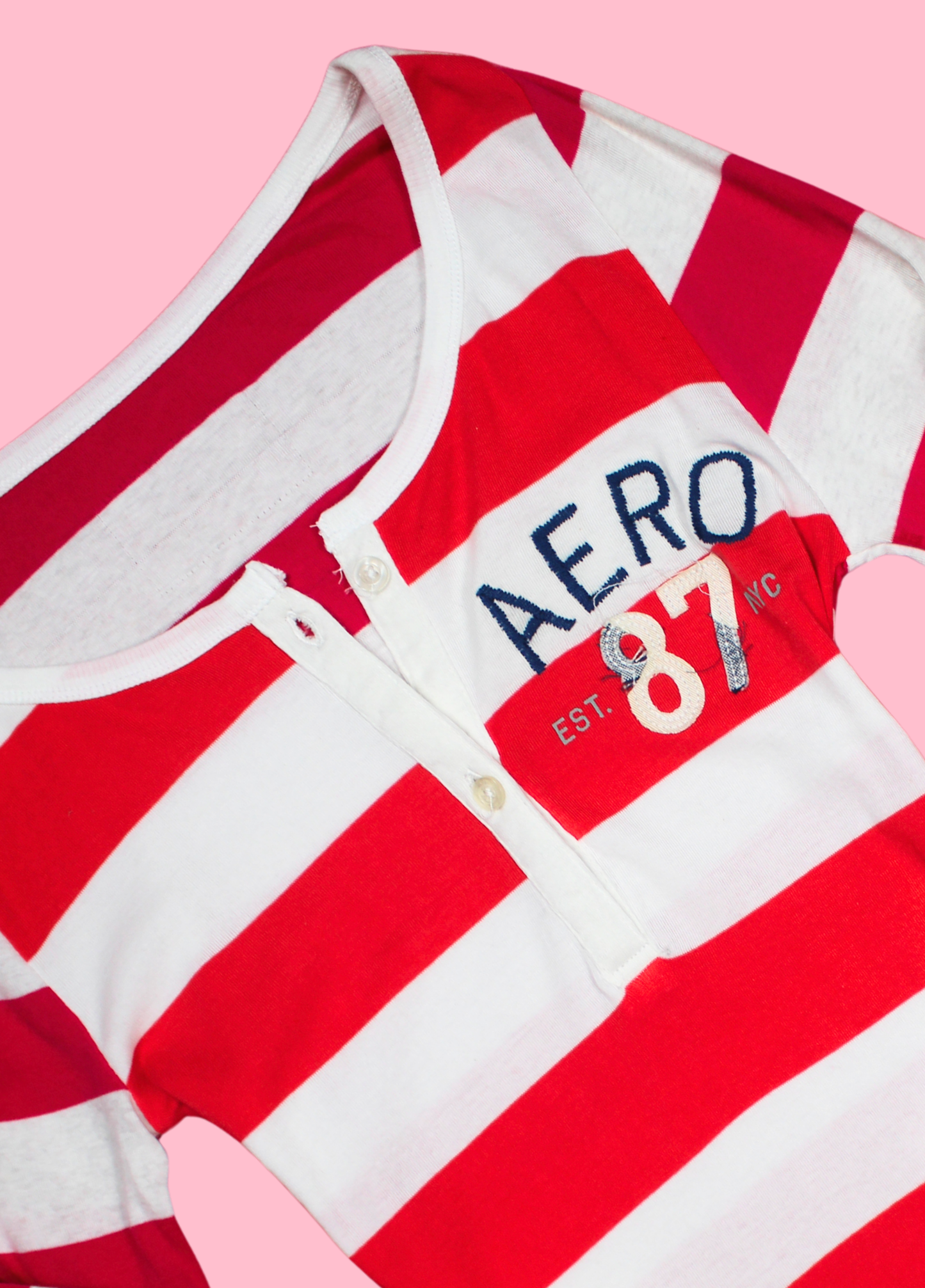 Red, Pink and White Striped Henley Top