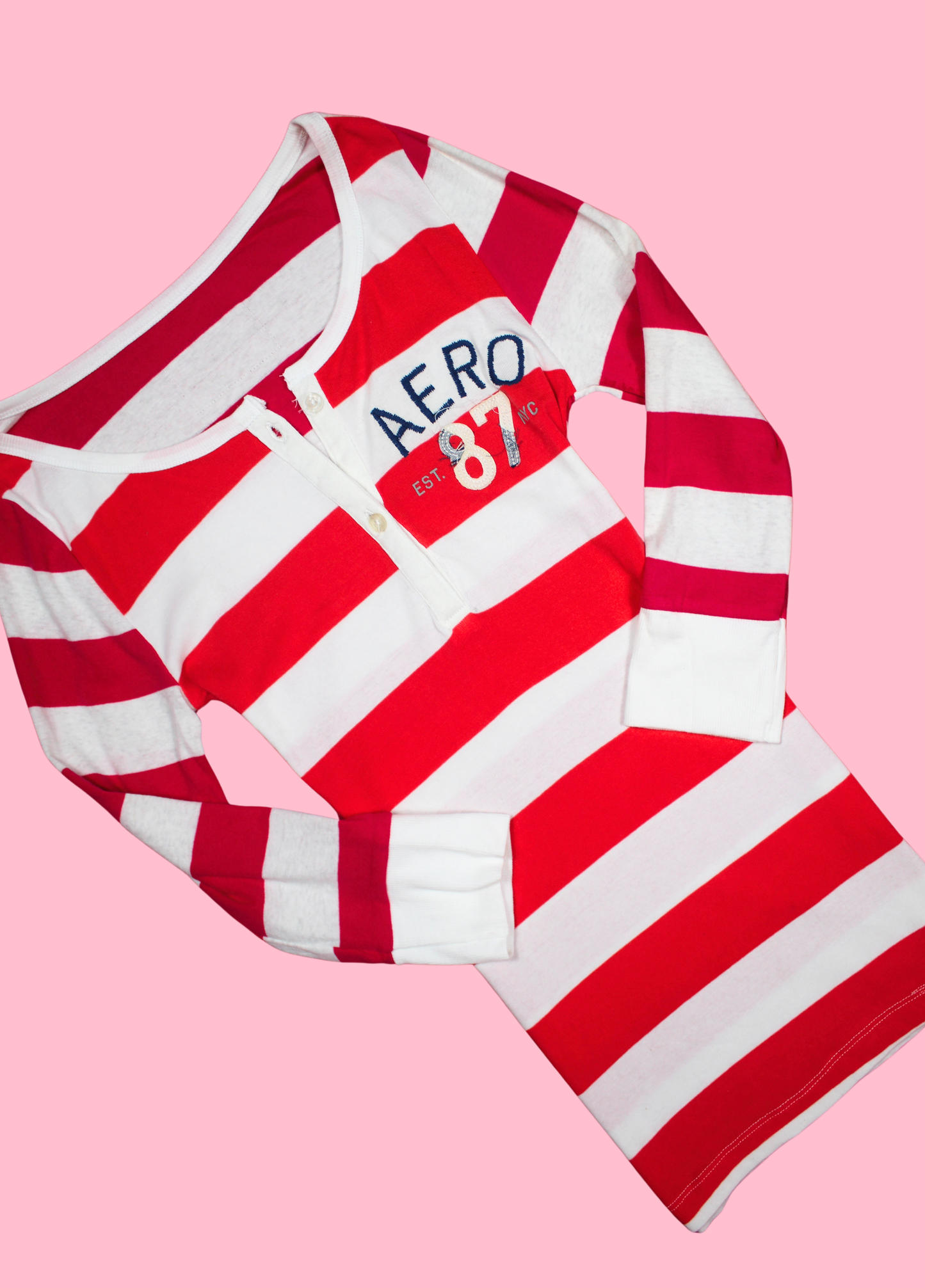 Red, Pink and White Striped Henley Top