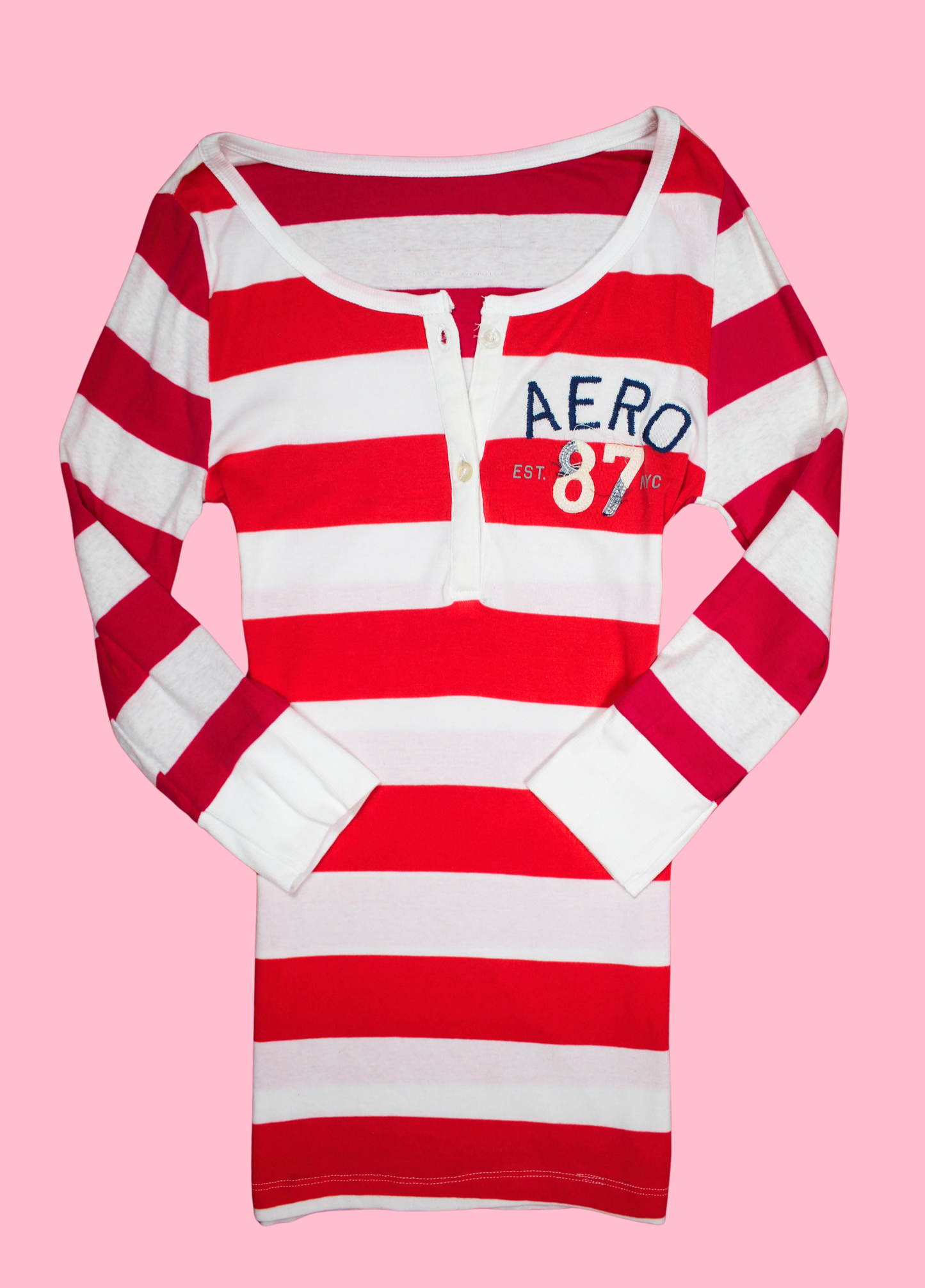 Red, Pink and White Striped Henley Top