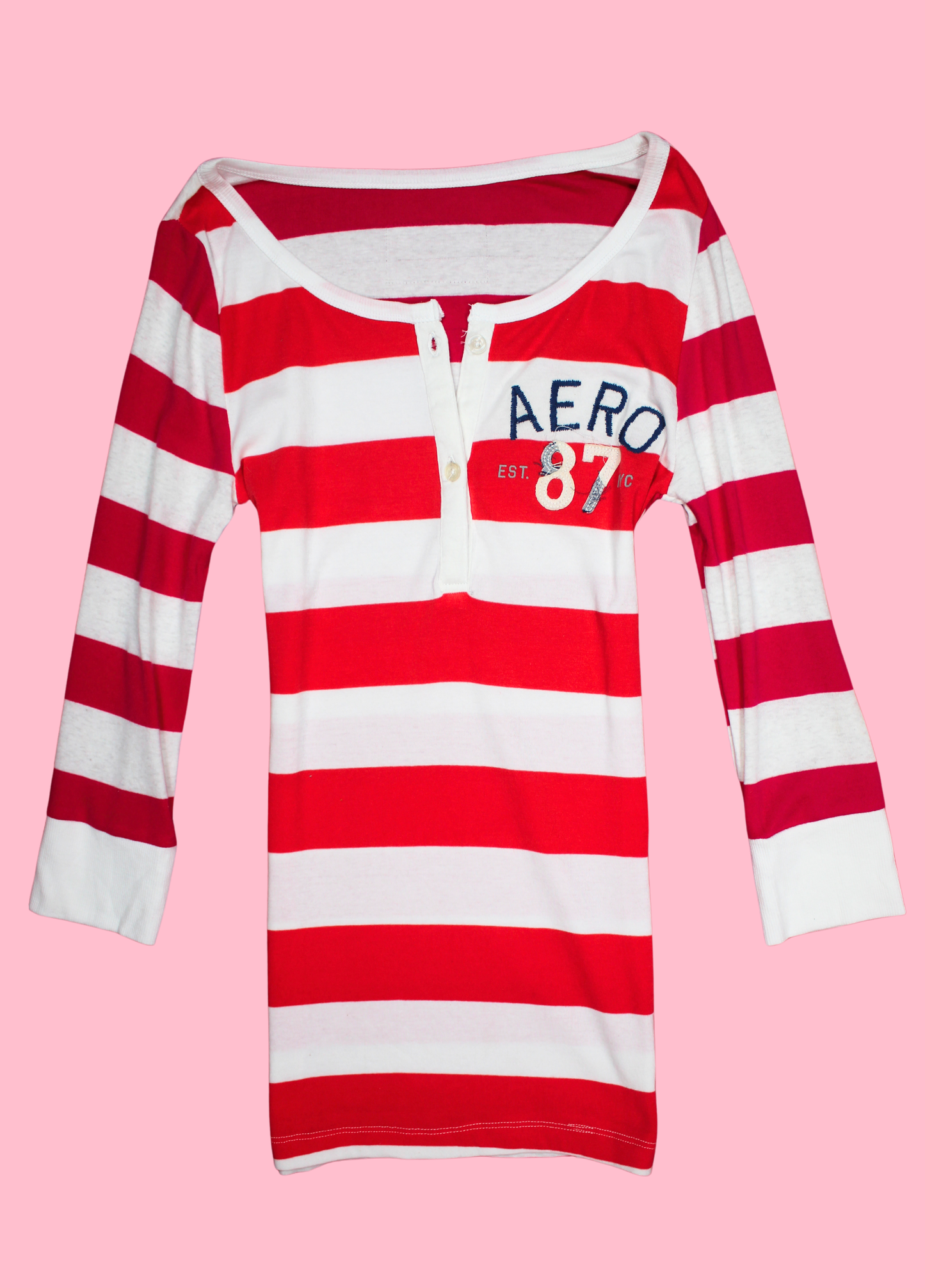 Red, Pink and White Striped Henley Top